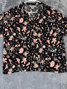 Vans Floral Button Up Shirt Black Peach Short Sleeve Skate L